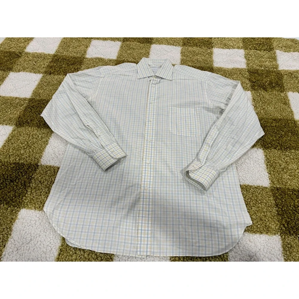 Ermenegildo Zegna Mens Plaid Button Down Shirt Blue Yellow Cotton Size 16 41